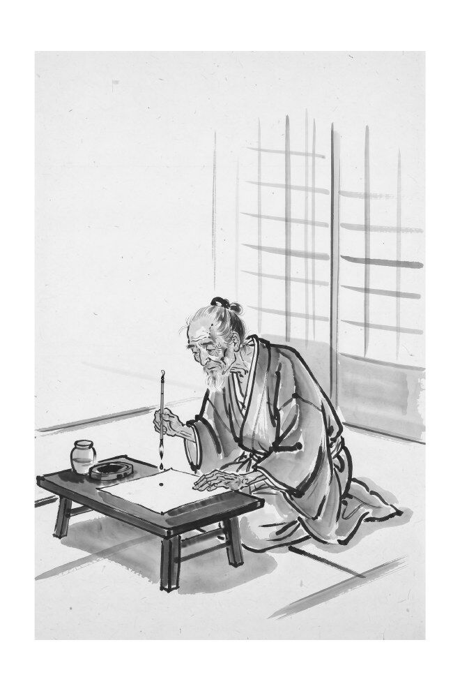 Ink-wash chapter illustration of Musashi writing